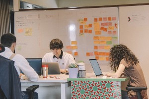 Three people working on laptops.